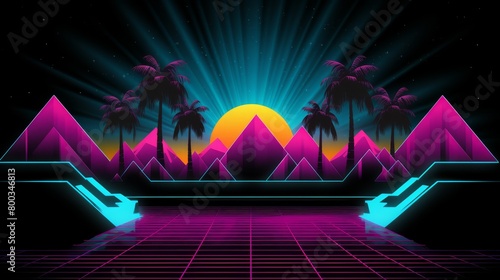 Retro wave design with neon colors and a black background, perfect for 80s-themed parties or music event promotions, photo