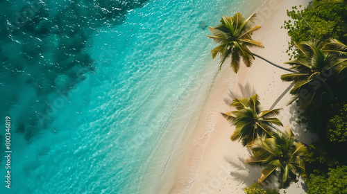 A drone shot of Beautiful beach with palm trees  aerial view of a tropical island with turquoise water and sunlight