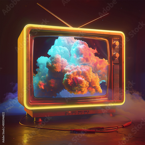 Wallpaper Mural A television set with an abstract, colorful cloud design on the screen, floating in midair. The background is dark and minimalistic to highlight the vivid colors of the artwork inside the frame.  Torontodigital.ca