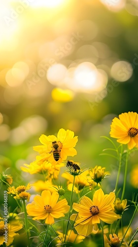 Beautiful colorful summer spring natural flower background. Bees working on a bright sunny day with beautiful bokeh	
