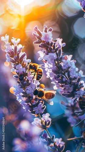 Beautiful colorful summer spring natural flower background. Bees working on a bright sunny day with beautiful bokeh	
