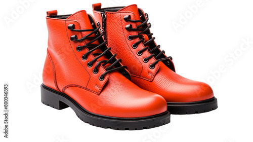 A pair of vibrant red boots standing out against a clean white background on transparent background
