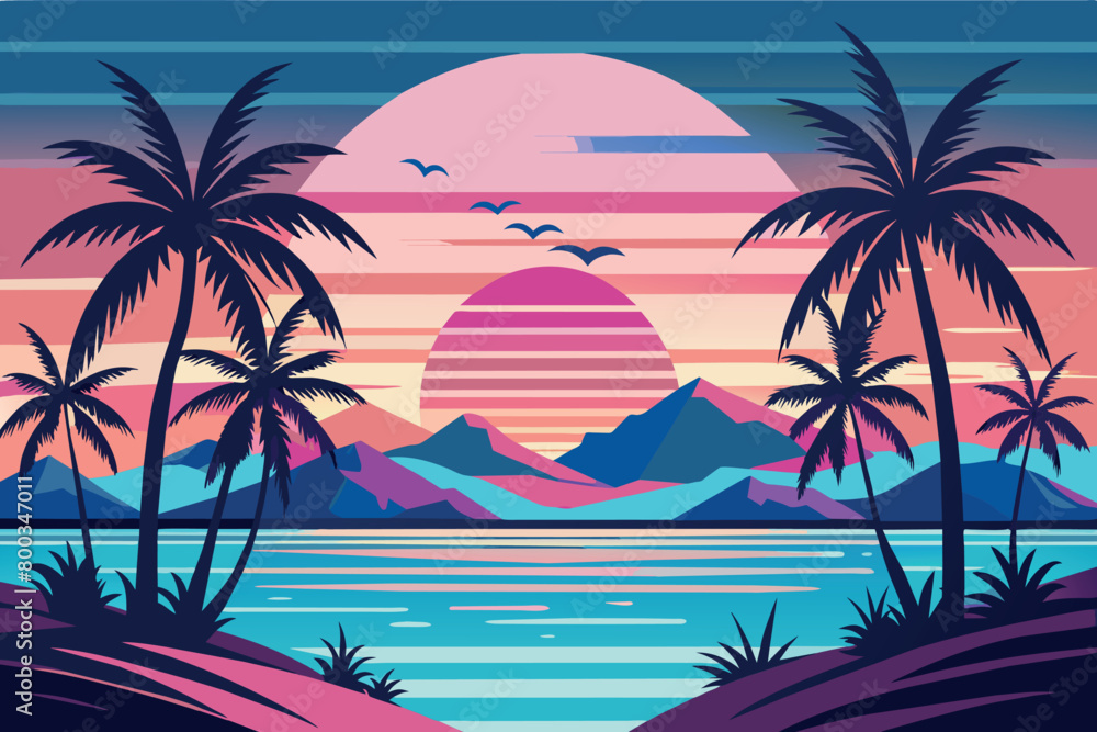 A beautiful tropical scene with a sunset in the background