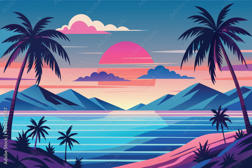 A beautiful tropical scene with a sunset in the background