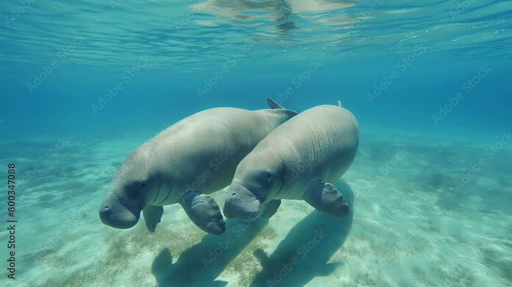 Dugong couple gracefully swims in the vibrant underwater