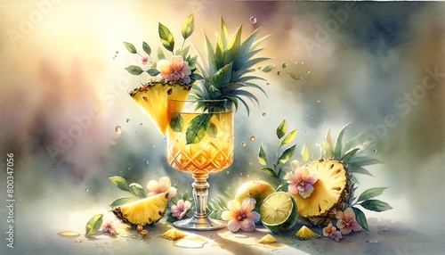 Watercolor painting of a Pineapple Cocktail photo
