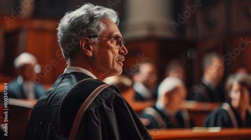 judge in a robe in the courtroom during the consideration of the case. judge in a robe side view