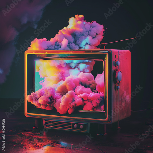 Wallpaper Mural A television set with an abstract, colorful cloud design on the screen, floating in midair. The background is dark and minimalistic to highlight the vivid colors of the artwork inside the frame.  Torontodigital.ca