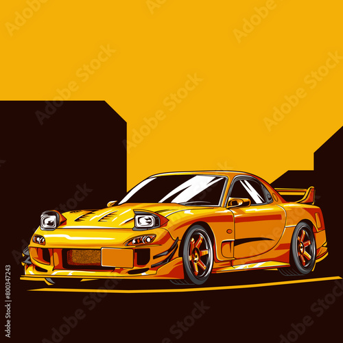 Vector illustration of modified jdm car within orange background with front view using hand drawn style