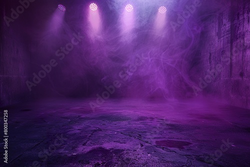 The dark stage shows  purple background  an empty dark scene  neon light  spotlights The asphalt floor