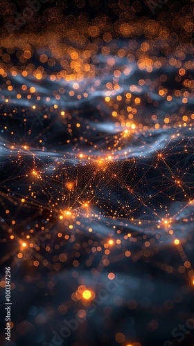 A glowing network of orange lights undulate like waves over a dark blue background.