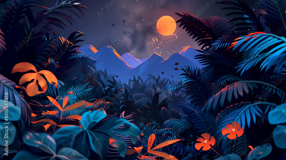 3D vector illustration of a night jungle with orange and blue leaves, flowers, and mountains in the style of different artists. 3D vector illustration of a night jungle with orange and blue leaves, flowers, and mountains in the style of different artists.