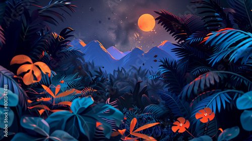 3D vector illustration of a night jungle with orange and blue leaves, flowers, and mountains in the style of different artists.