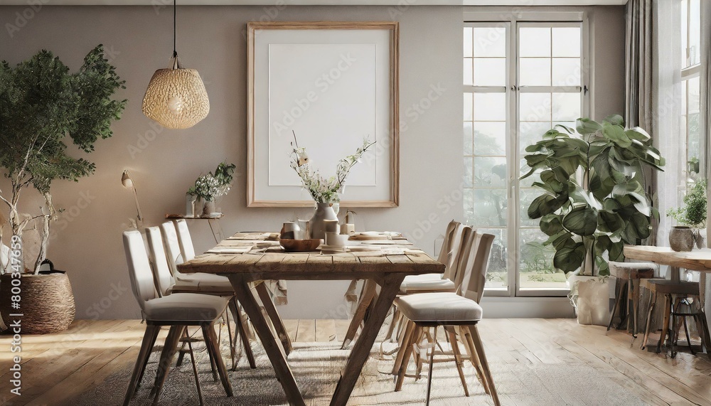Inviting Dining Space: 3D Render of a Cozy Mockup Frame in a Dining Room