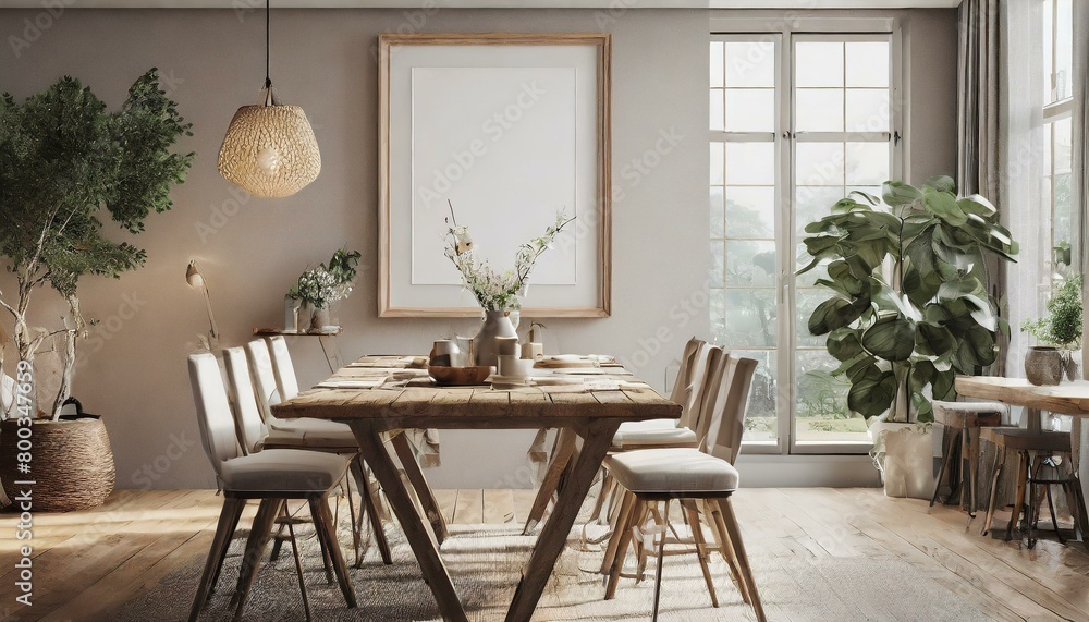 Inviting Dining Space: 3D Render of a Cozy Mockup Frame in a Dining Room Inviting Dining Space: 3D Render of a Cozy Mockup Frame in a Dining Room