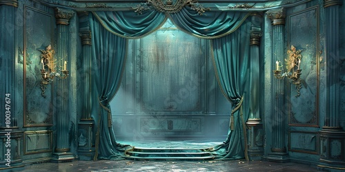 turquoise curtain stage with frames, photo