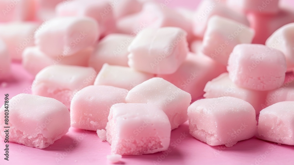 A pink table holds a mound of marshmallows in hue, accompanied by another pile of similar marshmallows nearby A pink table holds a mound of marshmallows in hue, accompanied by another pile of similar marshmallows nearby