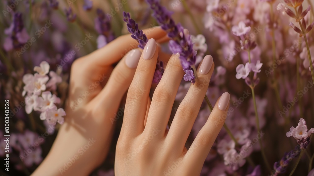 Fototapeta premium Female hand in lavender fields. Generative AI