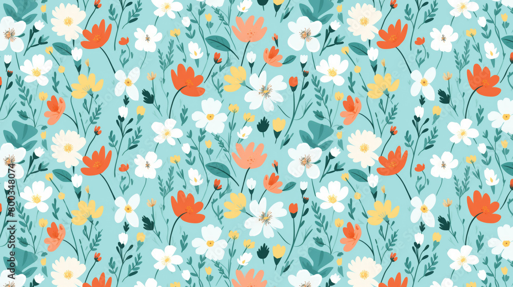 Fototapeta premium A seamless pattern of colorful flowers and leaves on a blue background