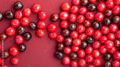   A red table holds a stack of red and black candies Nearby  another pile of black and red candies rests