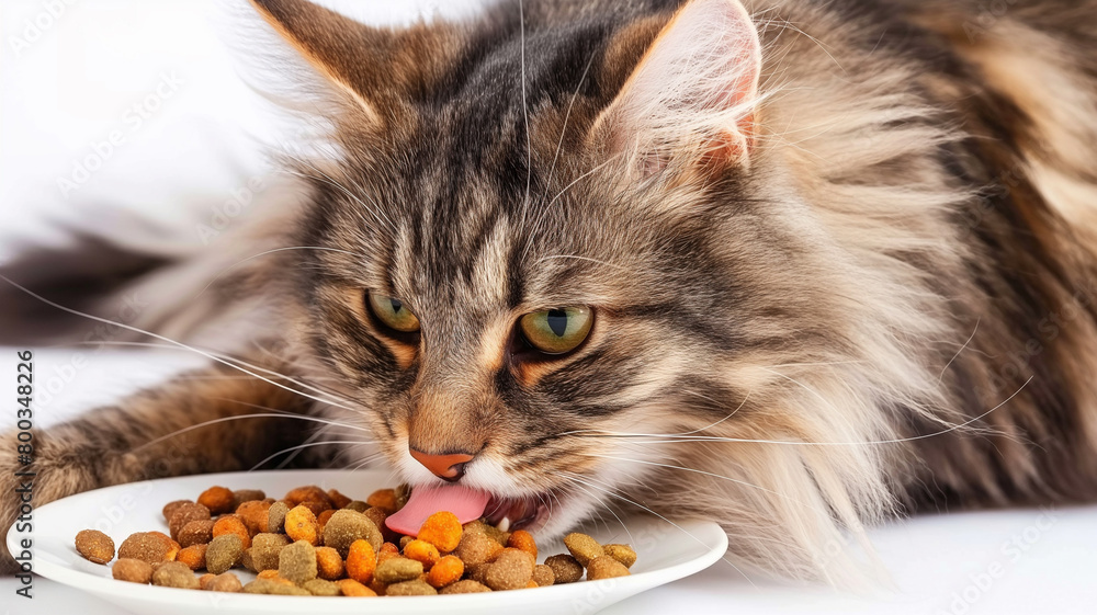 Naklejka premium The cat is sticking out its tongue to eat kibble