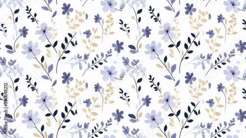 A cute floral pattern with cream, blue, and purple flowers and dark stems and leaves on a white background.
