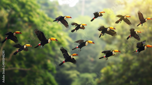 Grupo de tucanos voando  photo