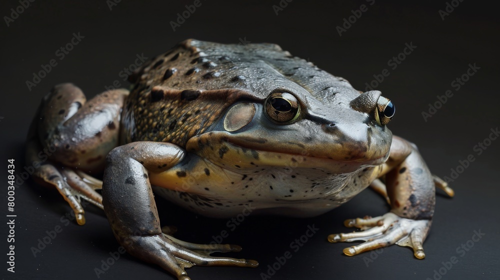 Naklejka premium A captivating frog stands out dramatically on a sleek, dark background, highlighting its natural features