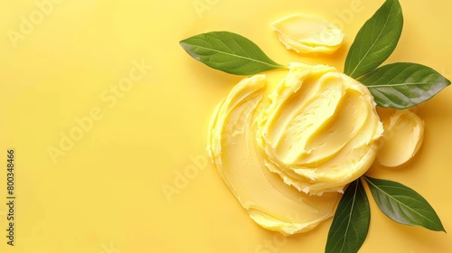   A yellow cake with yellow icing and one green leaf above, against a yellow background, adorned with additional green leaves photo