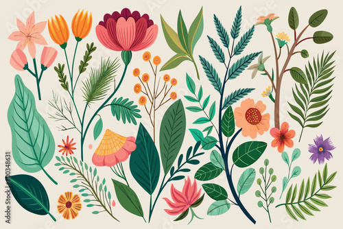 A colorful flower garden with a variety of flowers and leaves