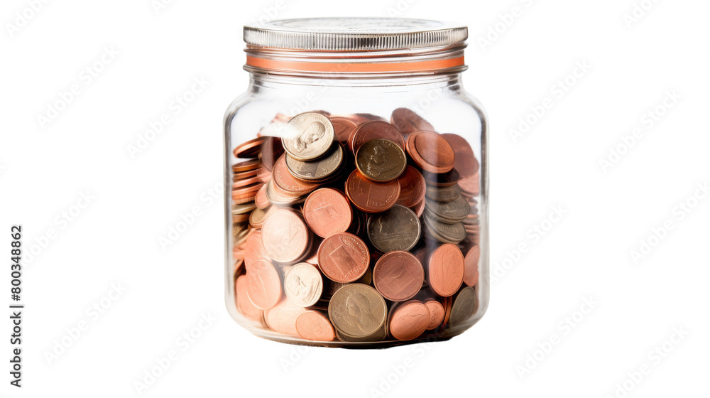 A glass jar overflowing with an abundance of shining coins on transparent background A glass jar overflowing with an abundance of shining coins on transparent background