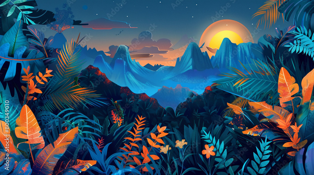 3D vector illustration of a night jungle with orange and blue leaves, flowers, and mountains in the style of different artists. 3D vector illustration of a night jungle with orange and blue leaves, flowers, and mountains in the style of different artists.
