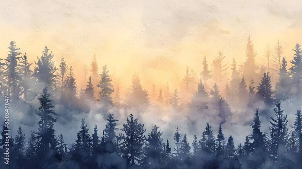 Ethereal Watercolor Landscape of Forest Silhouette at Misty Sunrise