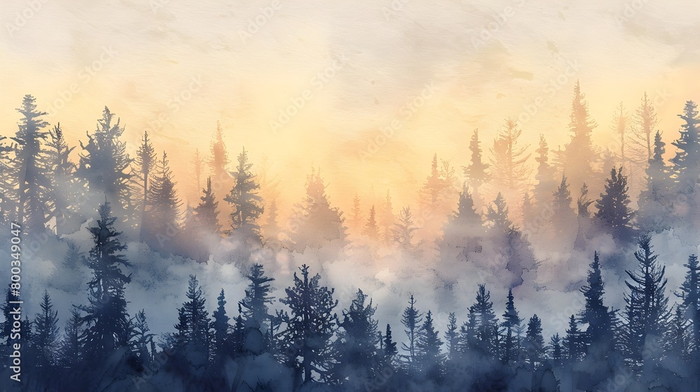 Fototapeta premium Ethereal Watercolor Landscape of Forest Silhouette at Misty Sunrise