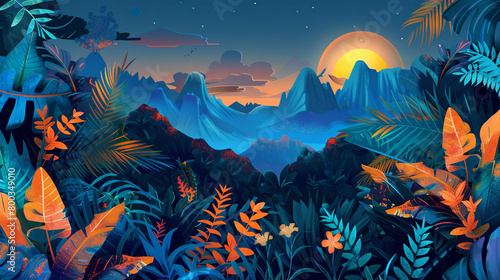 3D vector illustration of a night jungle with orange and blue leaves, flowers, and mountains in the style of different artists.