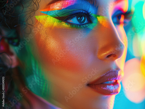 Young woman fashion model, beautiful with bright color glitter colour beauty creative trendy stylish glow makeup. Face and hair makeover. Portrait. Make up artist ads background. Close up.