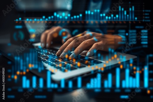 Close-up of a business analyst's hands typing on a laptop, hands working on a laptop, keyboard illuminated by digital interface of graphs and data, depicts high-tech analytics or coding in progress.