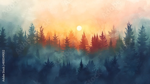 Ethereal Watercolor Forest Silhouette at Sunrise with Misty Fading Colors