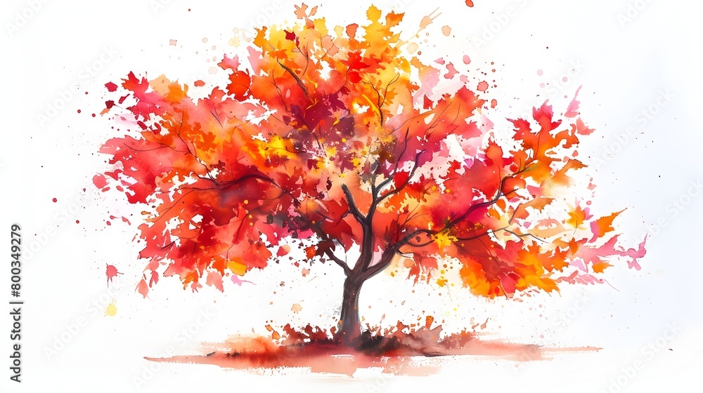 Vibrant Autumn Maple Tree Watercolor Painting with Fiery Foliage