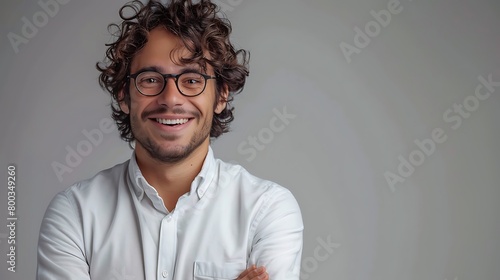 A Handsome young man with curly hair and bear wearing business shirt and glasses happy face smiling with crossed arms looking at the camera, positive person photo