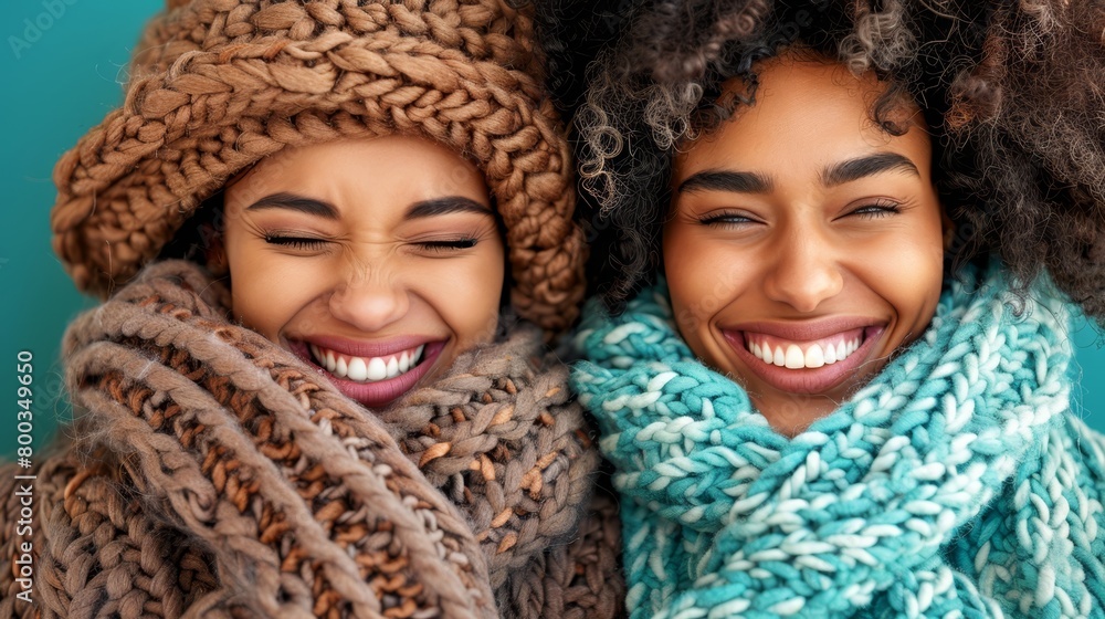 Two women standing close, each donning a knitted scarf - one around their neck, the other atop their heads Two women standing close, each donning a knitted scarf - one around their neck, the other atop their heads