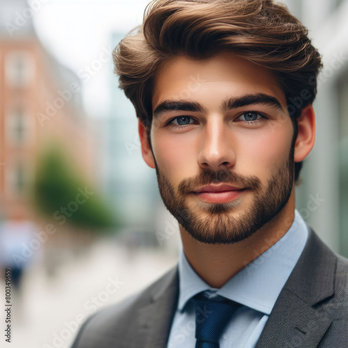 Close-up of a well-groomed young businessman in a suit, posing in an urban environment © SerPak