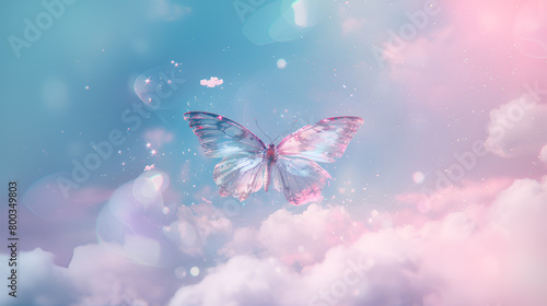  A dreamy, stylized depiction of a translucent butterfly with delicate wings, floating among soft pink and blue clouds with sparkling light effects and a whimsical atmosphere.