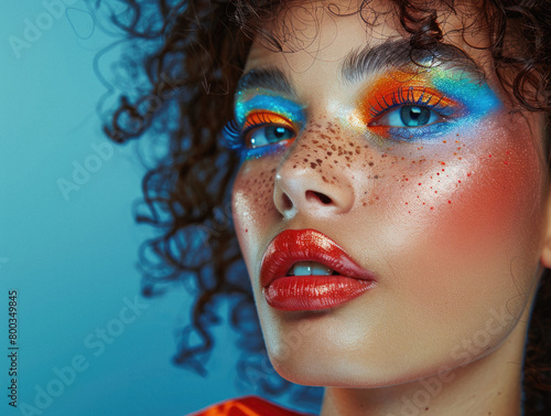 Young woman fashion model  beautiful with bright color glitter colour beauty creative trendy stylish glow makeup. Face and hair makeover. Portrait. Make up artist ads background. Close up.