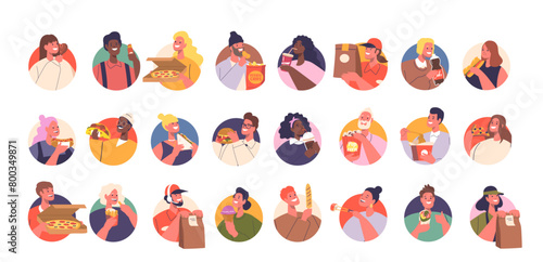 Vector People Avatars. Cheerful Characters Within Round Icons Interacting With Various Edibles Including Pizza, Burgers