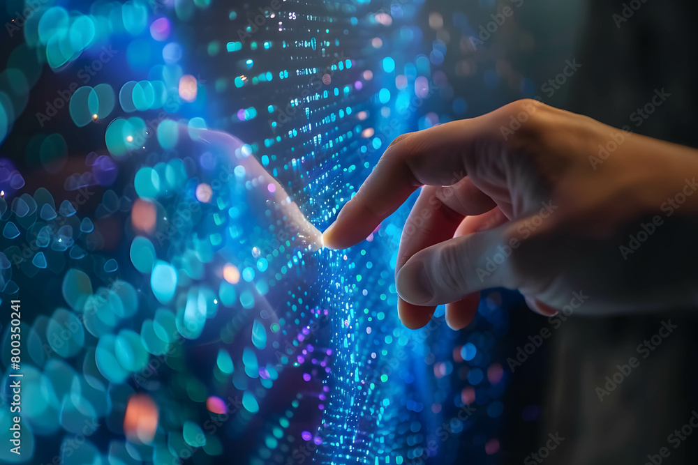 Connecting to data and information in the online world, lot of information in network system and cloud technology, hand touching data flow hologram Connecting to data and information in the online world, lot of information in network system and cloud technology, hand touching data flow hologram