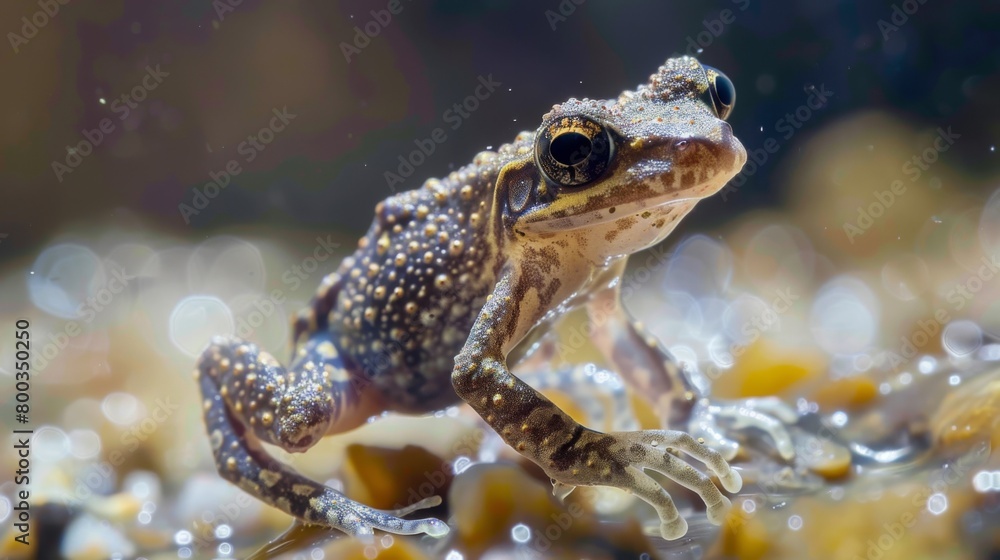 The image features a small frog poised on a rock with a sparkling, bokeh background creating an enchanting atmosphere The image features a small frog poised on a rock with a sparkling, bokeh background creating an enchanting atmosphere