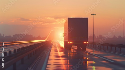 truck crossing a road in the evening light generative ai