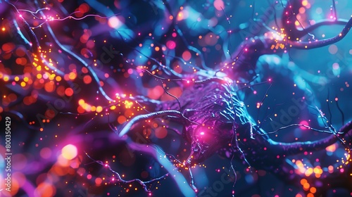 A depiction of a 3D neuron network, with neon synapses and nerve pathways