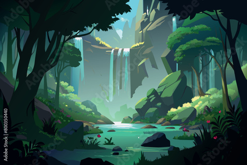 A lush green forest with a waterfall and a river